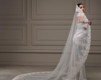 Spanish Mantilla Wedding Veil with Beaded Lace, One Tier Cathedral Bridal Veil, Long Lace Edge Veil, Catholic Church Bridal, Custom Length