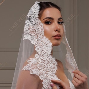Kralenkant kathedraal bruidssluier, eenlaags Spaanse mantilla bruidssluier, katholieke kerk ivoren sluier, lange aangepaste lengte bruiloft accessoire