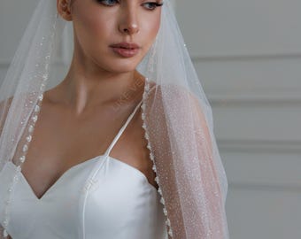 Beaded Glitter Wedding Veil, Cathedral Sparkle Tulle Bridal Veil with Pearl Edge, One Tier Shimmer Veil, Long Sparkling Wedding Accessory