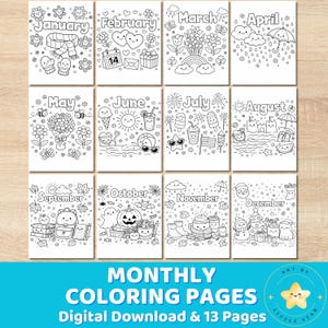 May include: A set of 12 black and white coloring pages, each representing a month of the year. The pages feature seasonal illustrations, including flowers, rain, and holiday themes. The text "MONTHLY COLORING PAGES" is at the bottom.