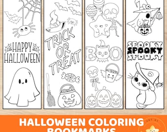 May include: Four black and white Halloween-themed coloring bookmarks. Designs include a spider web, bats, ghosts, pumpkins, and the phrases "Happy Halloween", "Trick or Treat", and "Boo". The bottom of the image reads "Halloween Coloring Bookmarks".