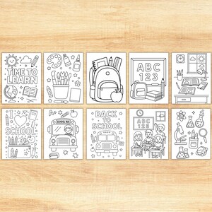May include: A collection of ten black and white coloring pages with school-themed illustrations. The pages feature images of a school bus, backpack, books, pencils, and the text "Time to Learn" and "Back to School."