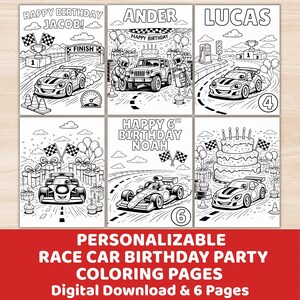 May include: A set of six black and white race car-themed coloring pages. Each page features a race car, birthday greetings, and racing elements like flags and finish lines. The bottom of the image reads: "PERSONALIZABLE RACE CAR BIRTHDAY PARTY COLORING PAGES Digital Download & 6 Pages."