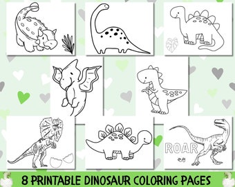 8 Dinosaur Coloring Pages, Kids Coloring Book, Dinosaur party, Dinosaur Birthday, Printable Coloring Pages