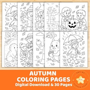 Può includere: Una raccolta di pagine da colorare a tema autunnale in bianco e nero. Le pagine raffigurano bambini, animali e scene autunnali, tra cui zucche, pioggia e foglie. Il testo "AUTUMN COLORING PAGES Digital Download & 30 Pages" è visualizzato.