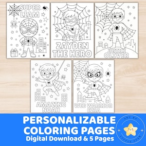 May include: Five black and white coloring pages featuring superhero characters with names like Liam, Zayden, Oliver, Noah, and Ezra. Each page has a different pose and cityscape background. The bottom text reads "PERSONALIZABLE COLORING PAGES Digital Download & 5 Pages."