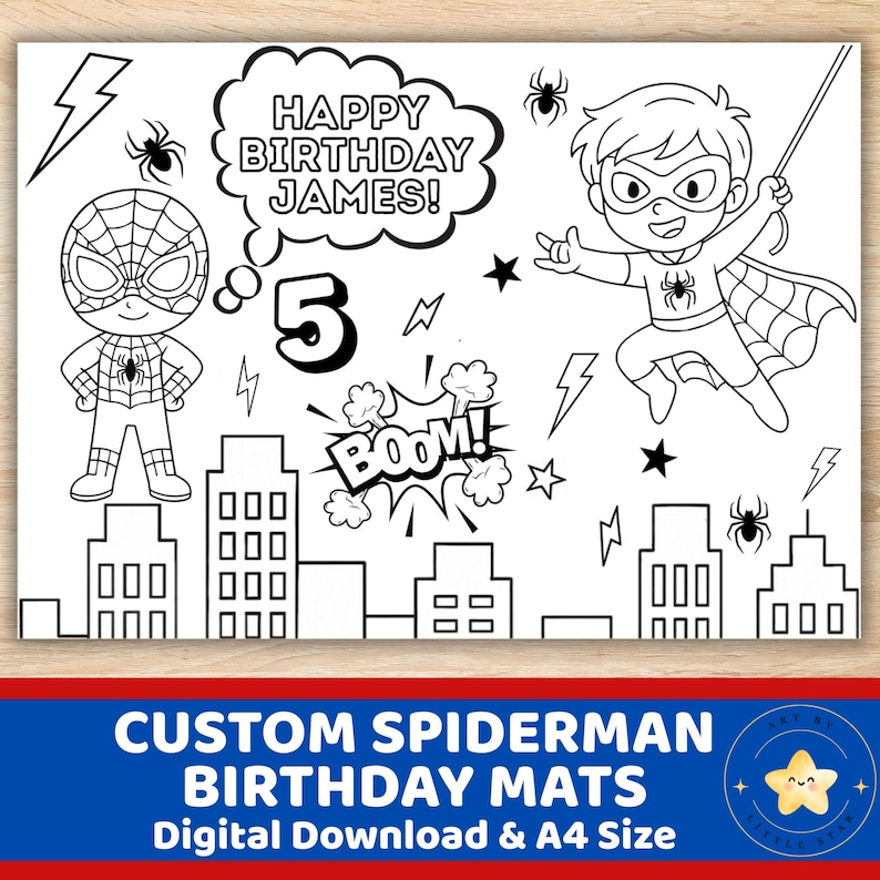 Personalized Spiderman Birthday Coloring Page: Custom Activity Placemat ...