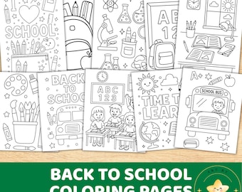 Pode incluir: Uma coleção de dez páginas para colorir em preto e branco com ilustrações escolares. As páginas apresentam imagens de materiais escolares, um ônibus escolar e o texto "BACK TO SCHOOL COLORING PAGES".