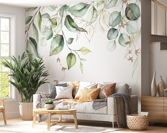 Boho Eucalyptus Leaves Peel and Stick Wallpaper - Green Boho Leaf Mural Wallpaper - Bedroom Fresh Wallpaper - Removable Simple Wallpaper