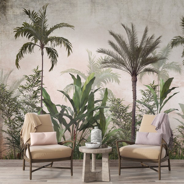 Papier peint tropical vintage, décoration murale palmiers, papier peint forêt, décoration murale palmiers dans la forêt tropicale, papier peint salon