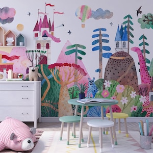 Papel pintado para habitación infantil con dibujos animados en tonos rosas - Papel pintado infantil con efecto despegable y adhesivo - Mural de pared con árboles, nubes y castillos