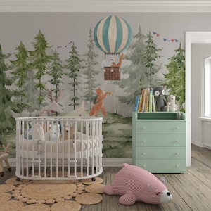Forest Animals Kids Wallpaper , Nursery Hot Balloon Peel And Stick Trees Wallpaper , Watercolor Forest Mural , Deer Riding a Bike Wall Mural