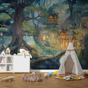 Papel tapiz de bosque de aventuras, mural de casa en el árbol para habitación infantil, papel tapiz de casa en el árbol en el bosque, papel tapiz de dibujos animados para niños