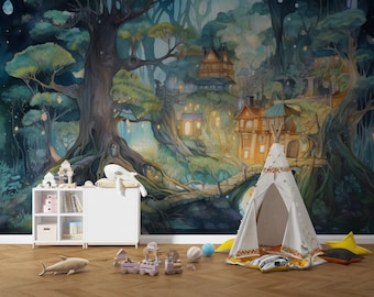 Adventure Forest Wallpaper , Tree Houses Children&#39;s Room Mural Peel And Stick , Tree Houses in the Forest Wallpaper , Cartoon Kids Wallpaper