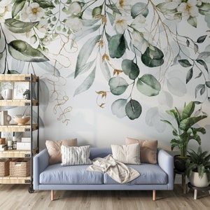 Boho Eucalyptus Green Leaf Wallpaper - Boho Exotic Leaves Mural - Bedroom Overhanging Leaves Wallpaper - Removable Simple Wallpaper