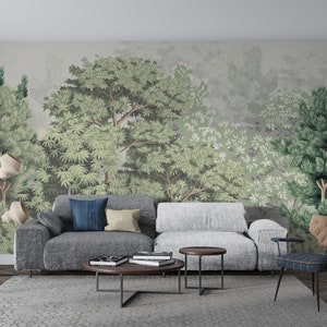 Vintage Design Tropical Tree Wallpaper , Watercolor Forest and Trees Wall Mural , Vintage Forest Wall Decor , Vintage Forest Wallpaper