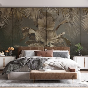 Botanical and Exotic Leaf Wallpaper , Peel and Stick Tropical Green Wall Mural , Tropic Leaves and Trees Wallpaper - Jungle Wallpaper