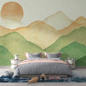 Mountains Wallpaper Kids Room - Peel and Stick Green Mountains Wallpaper Nursey Room - Mountain Mural - Nursery Sunset Mountain Wallpaper