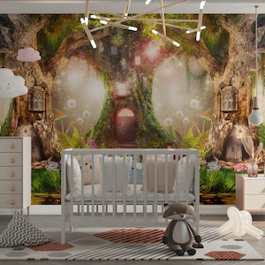 Fairy Forest Nursery Room Wallpaper Peel and Stick - Cleanable Kids Room Cute Mural - Fantasy Land Nursery Wallpaper