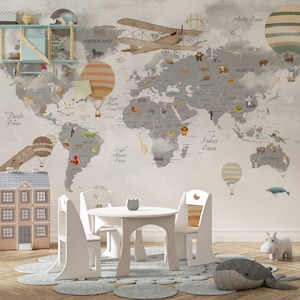 Niedliche Tiere Weltkarte für Kinderzimmer Wandbild, Luftballons fliegen Karte, Kinderzimmer Flugzeuge und Luftballons Karte, Kinderzimmer Wandbild