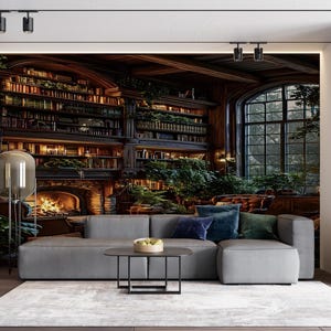 Cozy Library Wall Mural with Fireplace and Vintage Bookshelves | Warm Reading Nook Wallpaper | Botanical Study Room Decor