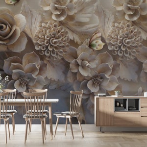 Carta da parati in rilievo con aspetto floreale 3D, murale realistico, carta da parati con fiori e farfalle in rilievo, poster da parete con aspetto floreale