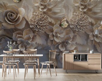 3D Floral Embossed Wallpaper: Realistic Flower & Butterfly Wall Mural
