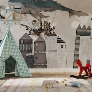 Wal im Himmel Kinder Tapete - Abstraktes Kinderzimmer Wandbild - Gebäude Tapete für Kinder - Aquarell Tapete für das Kinderzimmer