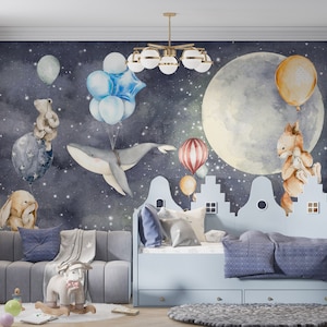 Niedliche Tiere und die Ballon-Tapete - Schälen und aufkleben Niedliche Tiere und Ballon-Tapete - Kinderwanddekor - Kinderzimmer Mond-Tapete