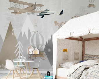 Airplanes & Balloons Wallpaper: Kids Room Peel and Stick Mountains