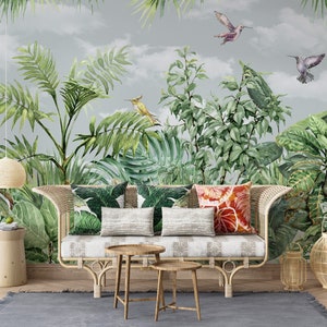 Exotic Landscape Wallpaper , Peel and Stick Tropical Green Wall Mural , Tropic Leaves and Trees Wallpaper - Livingroom Jungle Wallpaper