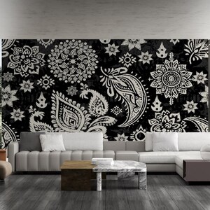 Carta da parati etnica con motivo Paisley e Mandala in bianco e nero - Decorazione murale Boho - Carta da parati in stile Boho, Vintage e Mediorientale - Artdeco