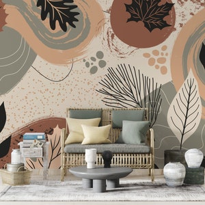 Boho Muster Tapete - Tapete im Boho-Stil für Schlafzimmer - Schälen und Aufkleben Boho Blätter Wandbild - Abstrakte Boho Blumentapete