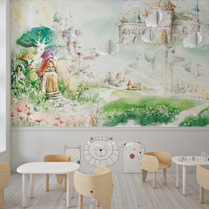 Papel tapiz para niños con efecto de acuarela, mural de pared para niños con castillo, papel tapiz de dibujos animados de hadas para guardería, papel tapiz de vegetación de col rizada de aspecto mágico