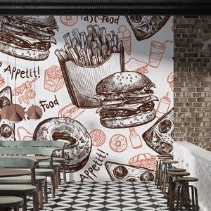 Papel tapiz de Burger & Donut Cafe: decoración de pared de comida rápida personalizable