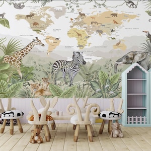 Papier peint pour chambre d'enfants, animaux de safari et carte du monde, papier peint autocollant pour chambre d'enfants sur le thème des animaux, papier peint animaux aquarelle, cadeau pour bébé