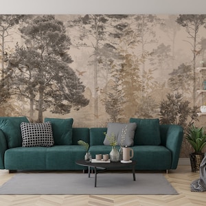 Forest of Trees Wallpaper in Pastel Tones - Livingroom Trees Wallpaper in Soft Tones - Peel and Stick Forest Wallpaper in Soft Tones