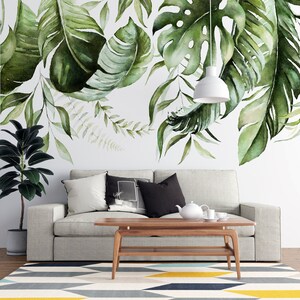 Carta da parati con foglie tropicali appese dall'alto - Carta da parati con foglie tropicali per soggiorno - Carta da parati con foglie di eucalipto boho stacca e attacca