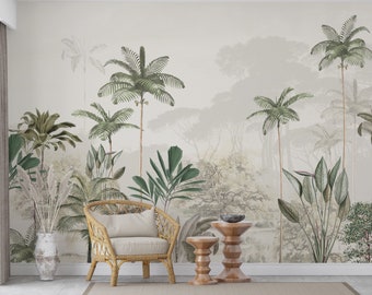 Papel tapiz moderno con temática exótica para sala de estar, papel tapiz de palmeras y hojas tropicales, mural de pared de jungla escénica para dormitorio extraíble