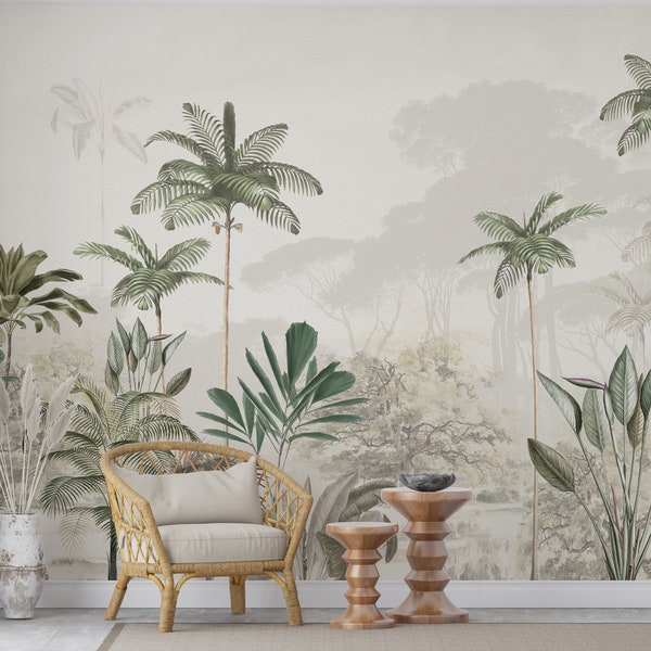 Modern Exotic Themed Wallpaper for Living Room - Tropical Palm Trees and Leaves Wallpaper - Scenic Jungle Wall Mural For Bedroom Removable