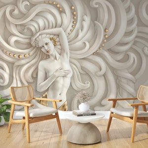 3D Look Woman Art Wallpaper  - Art Deco Removable Mural for Bedroom Wall Decor - Peel and Stick 3D Style Wall Mural - Peel and Stick Mural