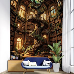Gothic Bookshelf Wallpaper: Retro Library, Medieval Castle, Green Forest