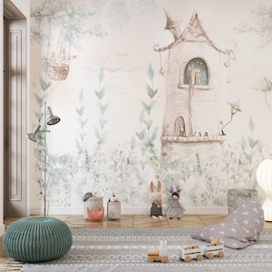 Princess Castle Wallpaper: Soft Forest Peel and Stick, Kids Room