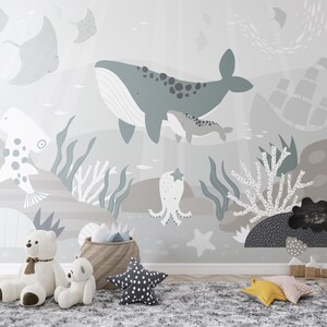 Underwater Ocean Theme Nursery Wall Art - Whale & Sea Animals Printable Mural - Underwater Whale Themed Kids Room Wallpaper - Baby Gifts