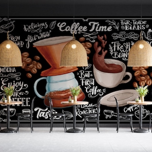 Elegante carta da parati personalizzabile per caffè - Caffetterie francesi Elegante carta da parati murale per caffè - Arte murale per bar caffetteria - Carta da parati rimovibile
