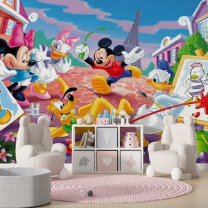 Carta da parati per bambini a tema cartone animato Topolino e i suoi amici, carta da parati per bambini Topolino, carta da parati divertente per bambini
