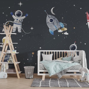 Papel pintado para habitación infantil con el espacio y los astronautas: mural extraíble con efecto acuarela con estrellas y planetas para niños - Decoración de pared para habitación de bebé