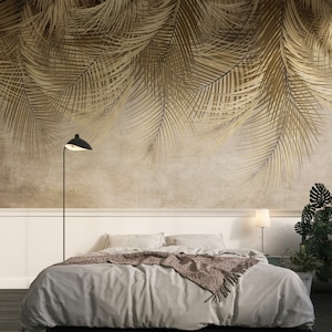 Carta da parati con foglie tropicali sospese - Carta da parati murale con foglie staccabili e attaccabili - Carta da parati con foglie beige per camera da letto - Carta da parati semplice rimovibile
