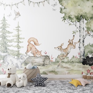 Woodland Animals Watercolor Clipart - Forest Fox, Deer & Wolf Digital Art - Nursery Wall Decor - KidsWallpaper - Peel and Stick Wall Mural