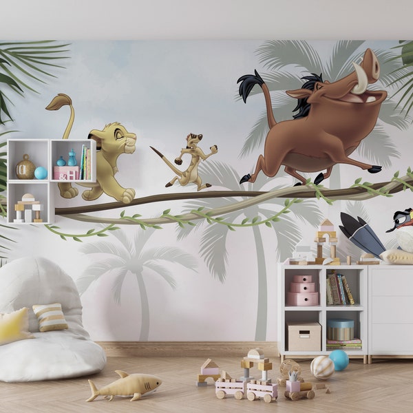 Papier peint de chambre d'enfants de roi lion, décoration murale d'animaux de dessin animé